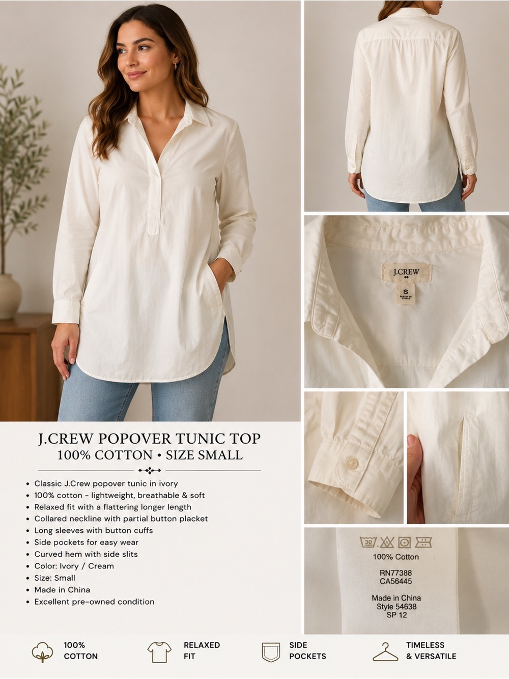J. Crew Ivory Cotton Popover Tunic